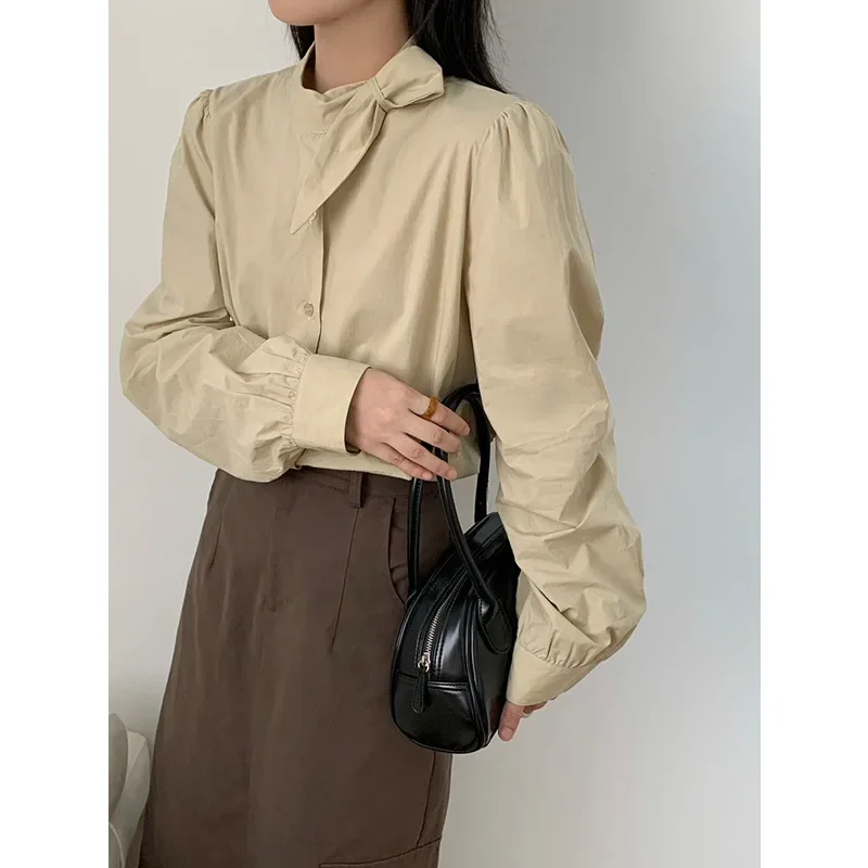 THINK Design Sensibility Women's Autumn/Winter Loose-Fit Solid Color Long Sleeve Shirt Top New Style Korean Fashion