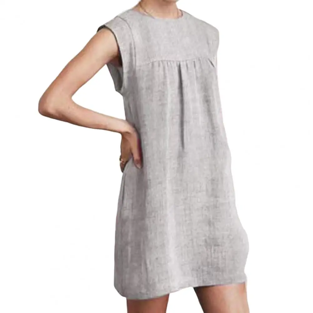 

2022 O-neck Pleated Loose Fit Mini Dress Sweet Solid Color Sleeveless Shift Dress Summer Party Vestido Dresses Femme Robe платье