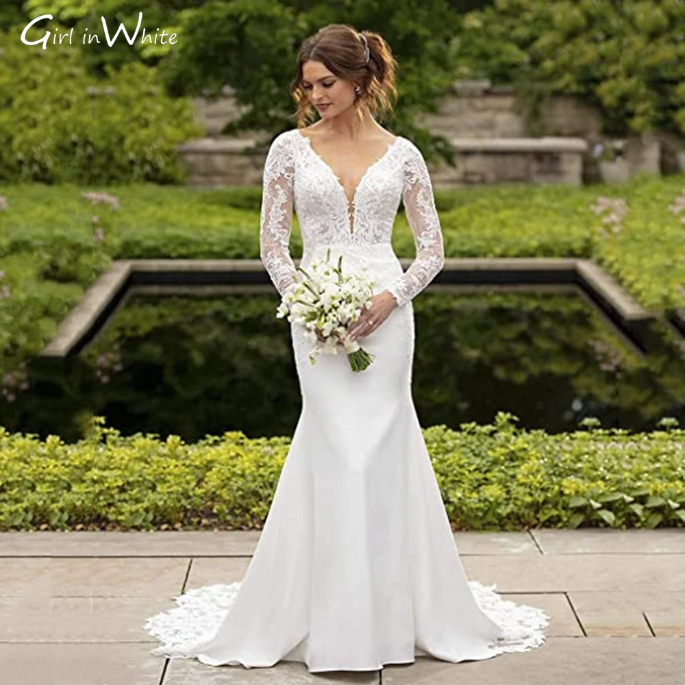 

Elegant Long Sleeve Mermaid Wedding Dress Backless Appliques Lace Bride Dresses Romantic Bridal Vestido De Novia Robe De Mariée