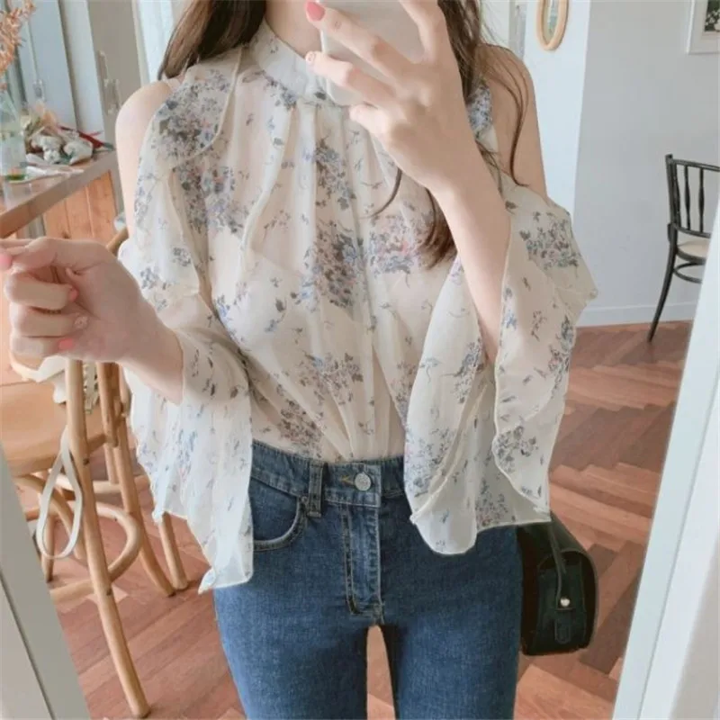 

French Chiffon Top Women's Design Sense Summer Cool Floral Thin Hanging Neck Niche Off-the-shoulder Chiffon Shirt