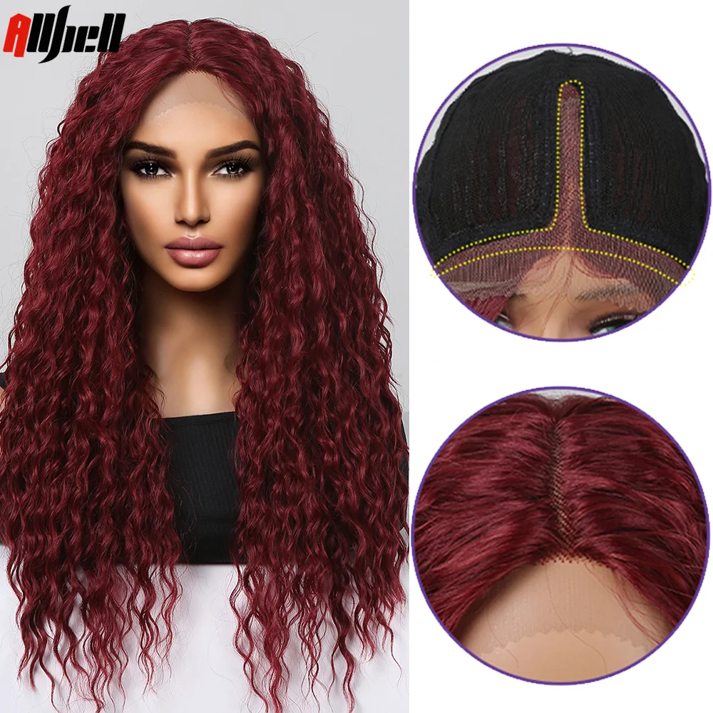 

Длинные кудрявые винно-красные синтетические парики на сетке для женщин, кудрявые парики на сетке спереди для косплея, термостойкие волосы средней части для вечерние
