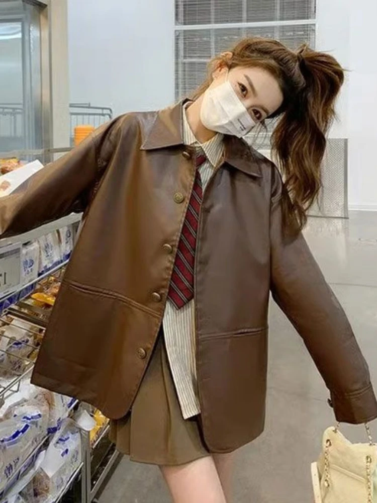 Весенняя модная новая женская кожаная куртка с откидным воротником однобортное