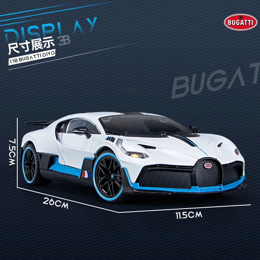 Модель автомобиля Bugatti Divo Supercar масштаба 1:18 из сплава с колесами, управлением, звуком и светом для декорации, коллекционирования и подарка детям.