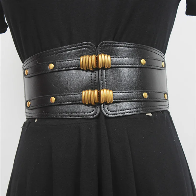 

Fashion Lady Black Waist Belt Extra Wide Corset 2 Straps Belt Dress Cummerbund Black PU Leather Elastic Waistband for Dress