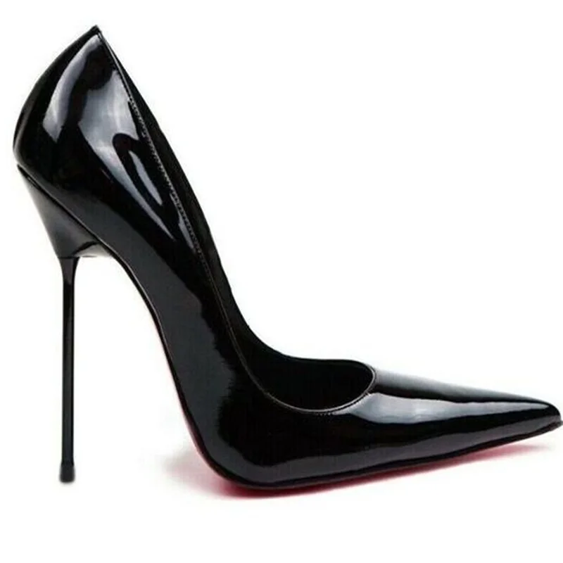 New Arrivals Black Patent Leather Stiletto Heel Pumps Pointy Toe Slip-on Metal Heels Party Dress Shoes Girls Customized