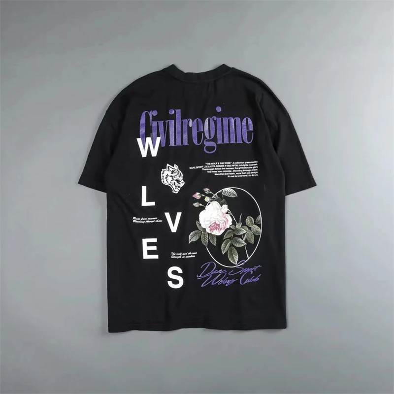 

DARC SPORT Rose Wolves Print 100% Cotton 240G Thicken Men Women Fashion Summer T-shirts Hip Hop Tops Tees S-3XL
