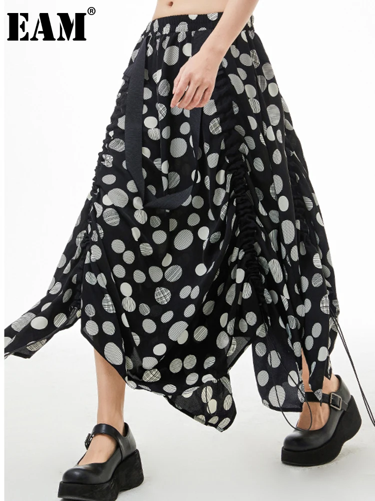 

[EAM] High Elastic Waist Irregular Black Dot Pleated Vintage Half-body Skirt Women Fashion Tide New Spring Summer 2022 1DE9032