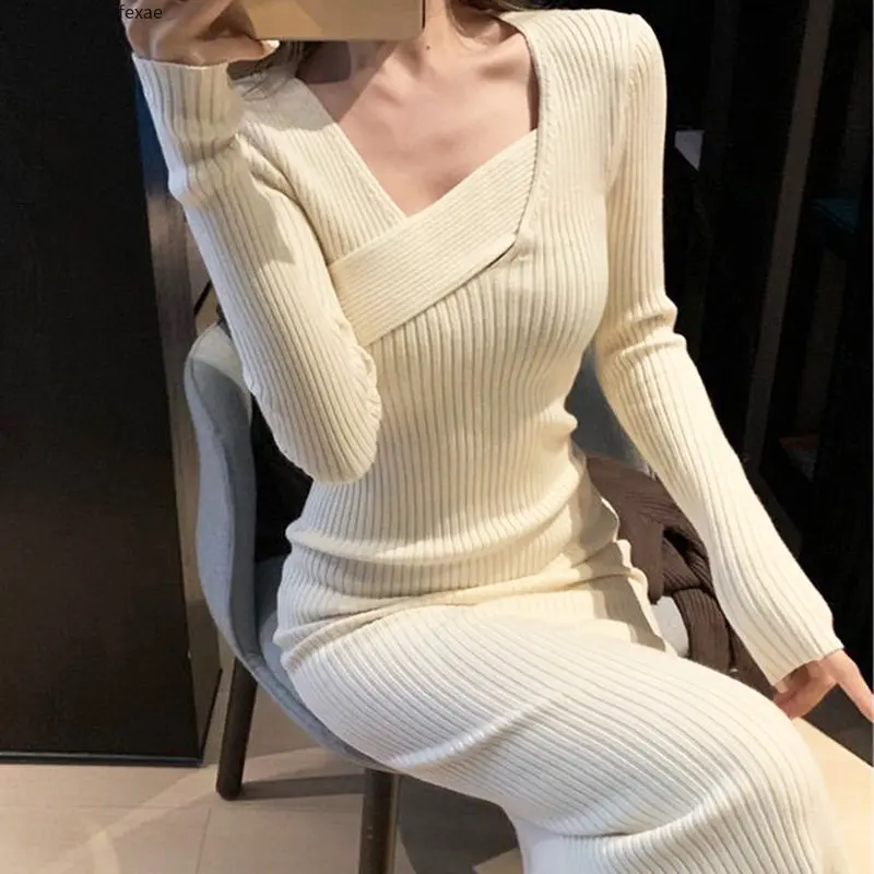 

Винтажное трикотажное платье, женское элегантное платье-свитер с длинным рукавом для вечеринки, женское весеннее офисное облегающее цельное платье 2023, корейское платье