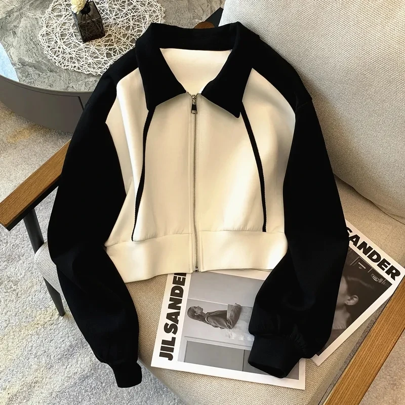 

2023 Preppy Cardigan Sweatshirts Baseball Short Jackets Women's Clothing Spring Autumn Coats Black White Patchwork Tops BC514