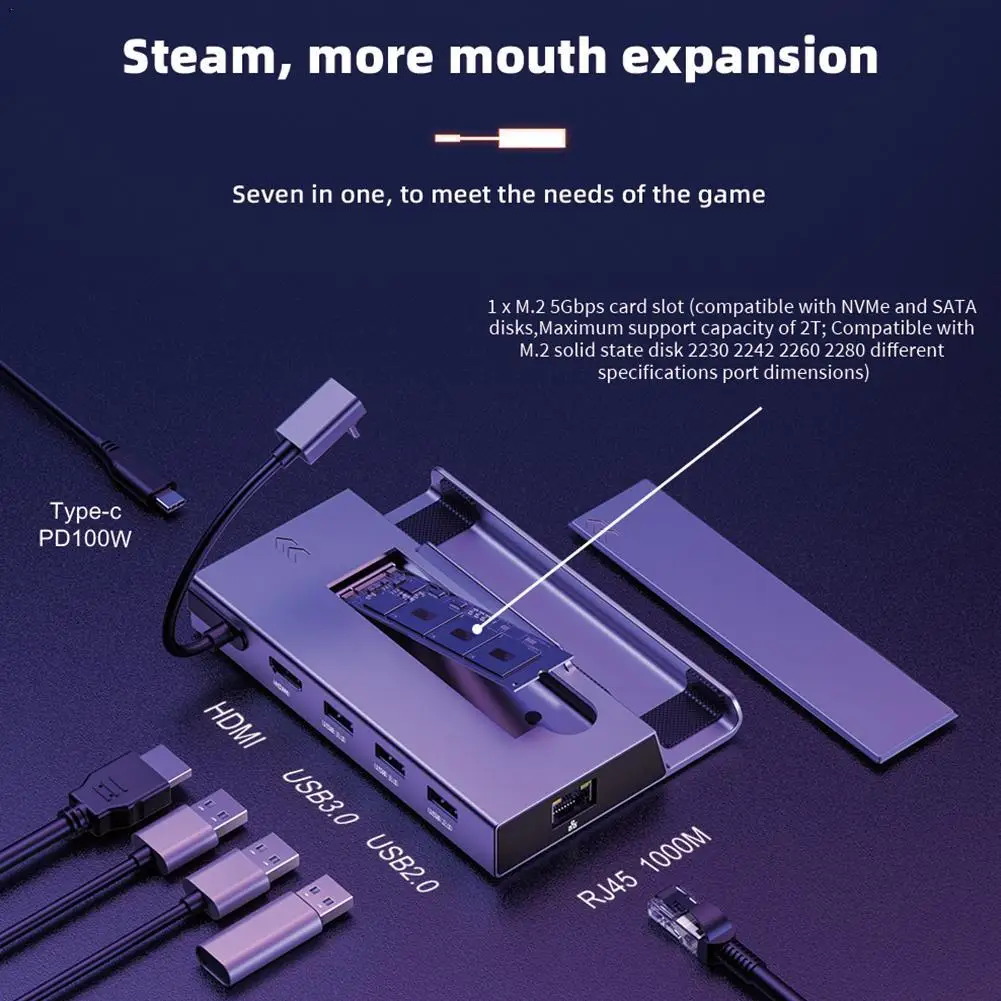 7 In 1 USB C Hub SSD Dock HD 4K 60Hz SATA NVMe M.2 For Steam