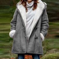 women long sleeve horn buckle pocket overcoat winter plus velvet coats hooded warm coat solid color tops vintage jackets female
