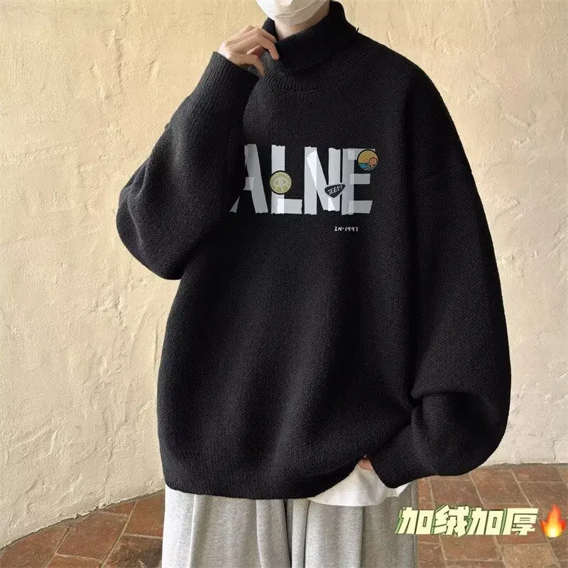 Autumn and Winter Turtleneck sweater Men's Letters Print Knit Tide Brand Bottoming Shirt 2024 New Temperament Slim fit Top