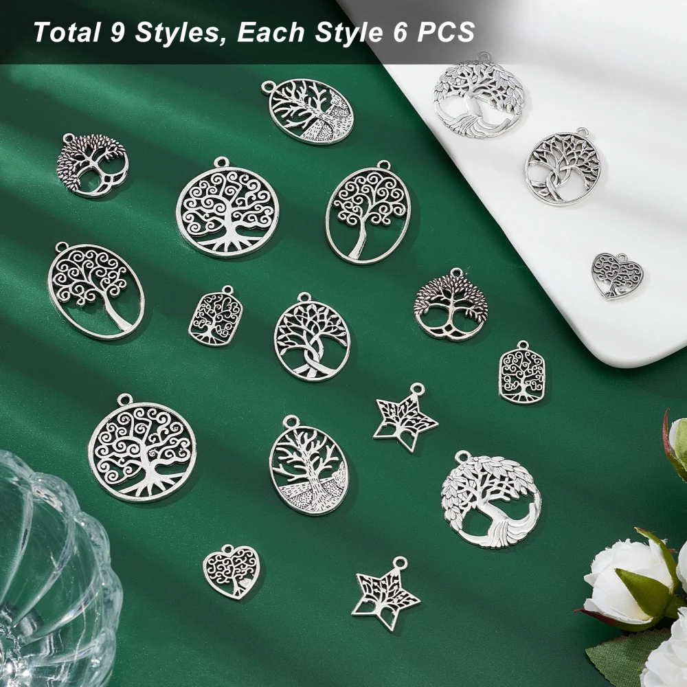 54Pcs Tibetan Style Alloy Pendant Mixed Shape Hollow Metal Charms for Jewelry Findings Making Earring Necklace DIY Crafts
