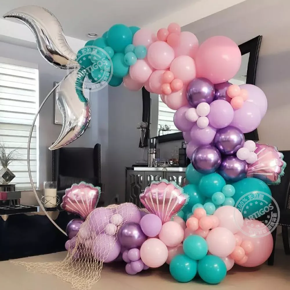 

116pcs Mermaid Tail Shell Balloon Garland Arch Pink Purple Latex Ballon Baby Shower Girl 1st Birthday Party Favors Wedding Decor