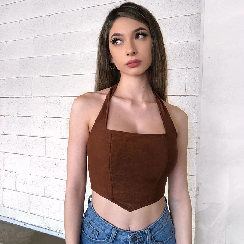 

Новинка весна-осень 2022, Модный женский коричневый топ с воротником-халтер, приталенный, без талии, пикантный Топ, жилет без рукавов для вечер...