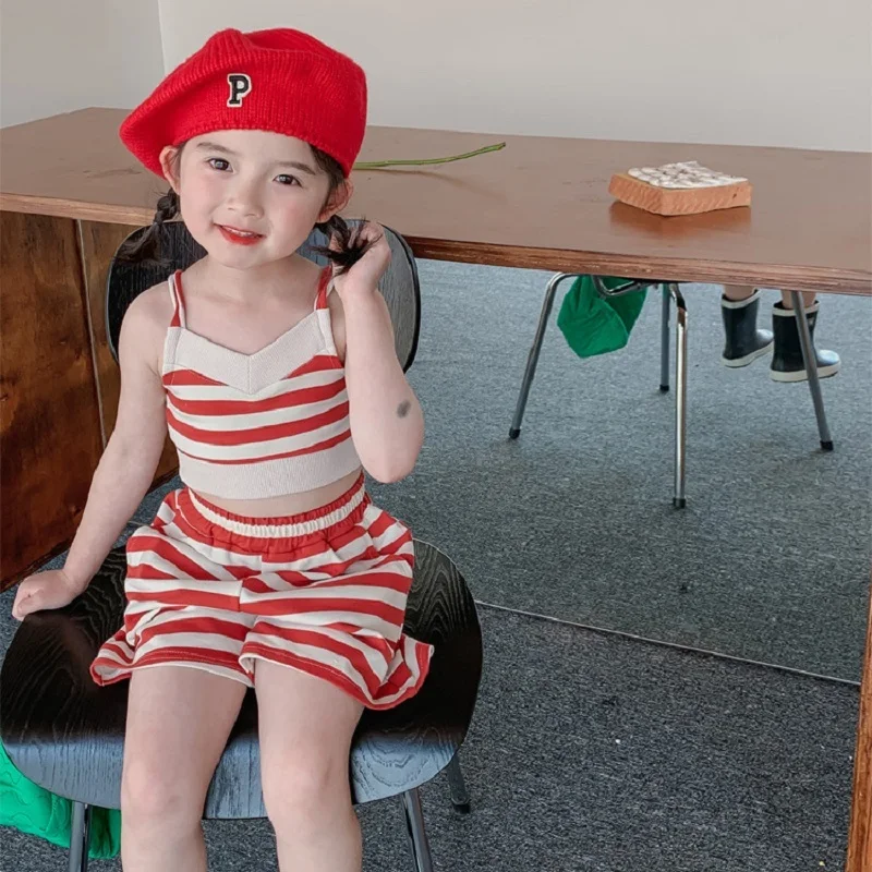 

2 шт./комплект, детский хлопковый топ и шорты в полоску