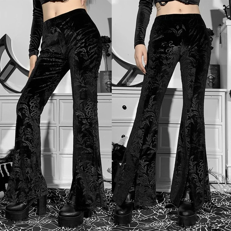 

MXMB Women Dark Gothic Punk Black Velvet Flare Pants Harajuku Vintage Paisley Floral Jacquard Split Front Slim Gypsy Wide Leg