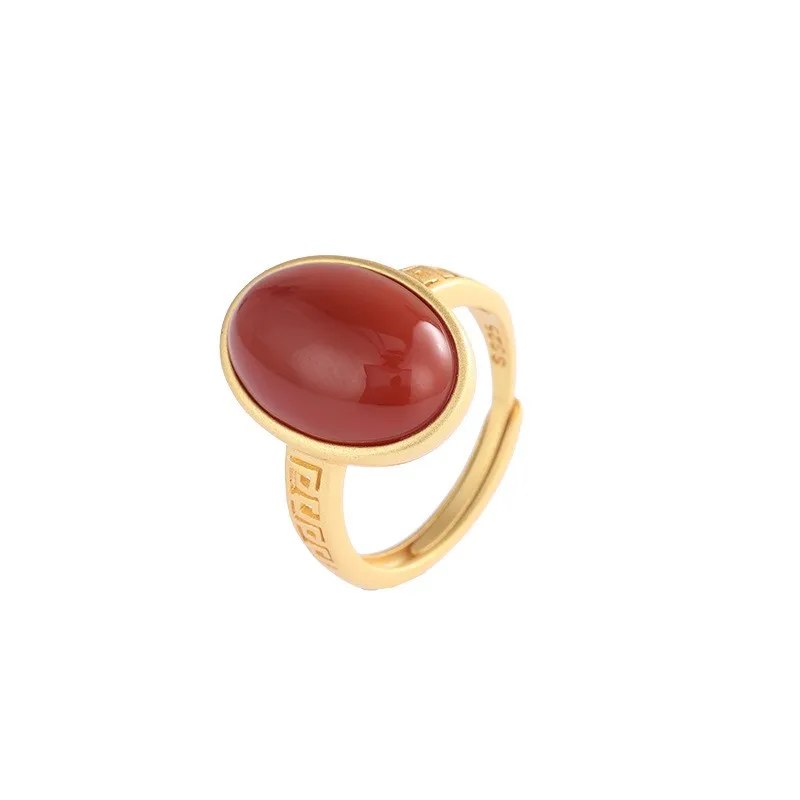 

JZ133 ZFSILVER Silver S925 Fashion Trendy Gold South Red Agate Hetian Jade Classic Retro Oval Rings Women Wedding Party Jewelry