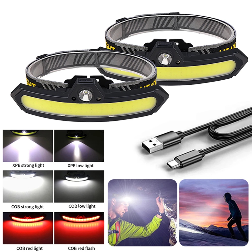 

LED Induction Headlamp XPE+COB Fishing Headlight Built-in 1200mAh Battery Rechargeable Portable 6 Modes Warning Head Torch