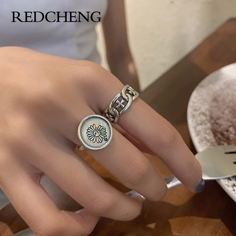 

REDCHENG 925 Stamp Daisy Cross Ring for Women Vintage Creative Charming Exquisite Birthday Jewelry Gifts Adjustable