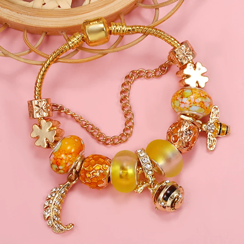 Золотые листья Цветок и пчела Медовая бусина с подвеской DIY Шарм Фирменный