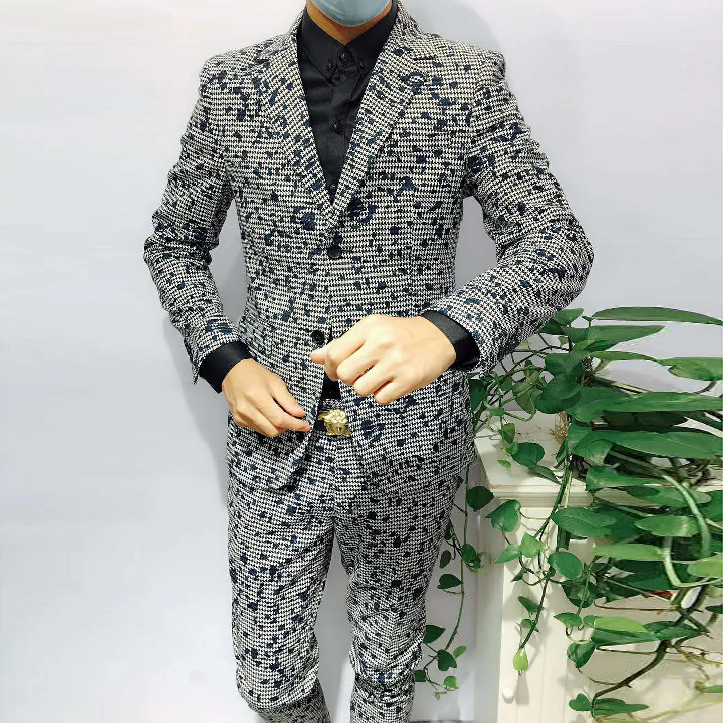 

2022 Autumn Fashion Black And White Jacquard Slim Suit Set Korean Men Suit 2-piece Men Suit Luxury High Quality Men Blazer Suit