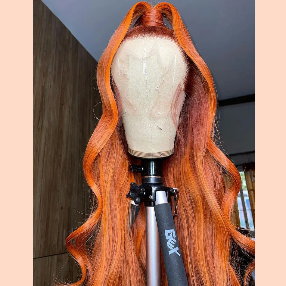 

Preplucked Soft Ginger Orange Body Wave 180Density 26Inch Long Natural Hairline Glueless Lace Front Wig For Black Women Babyhair