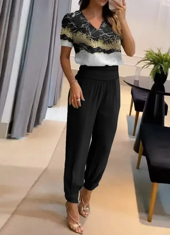 

Marble Printed Top and High Waisted Pants Set 2023 New Hot Selling Fashion Women's Clothing