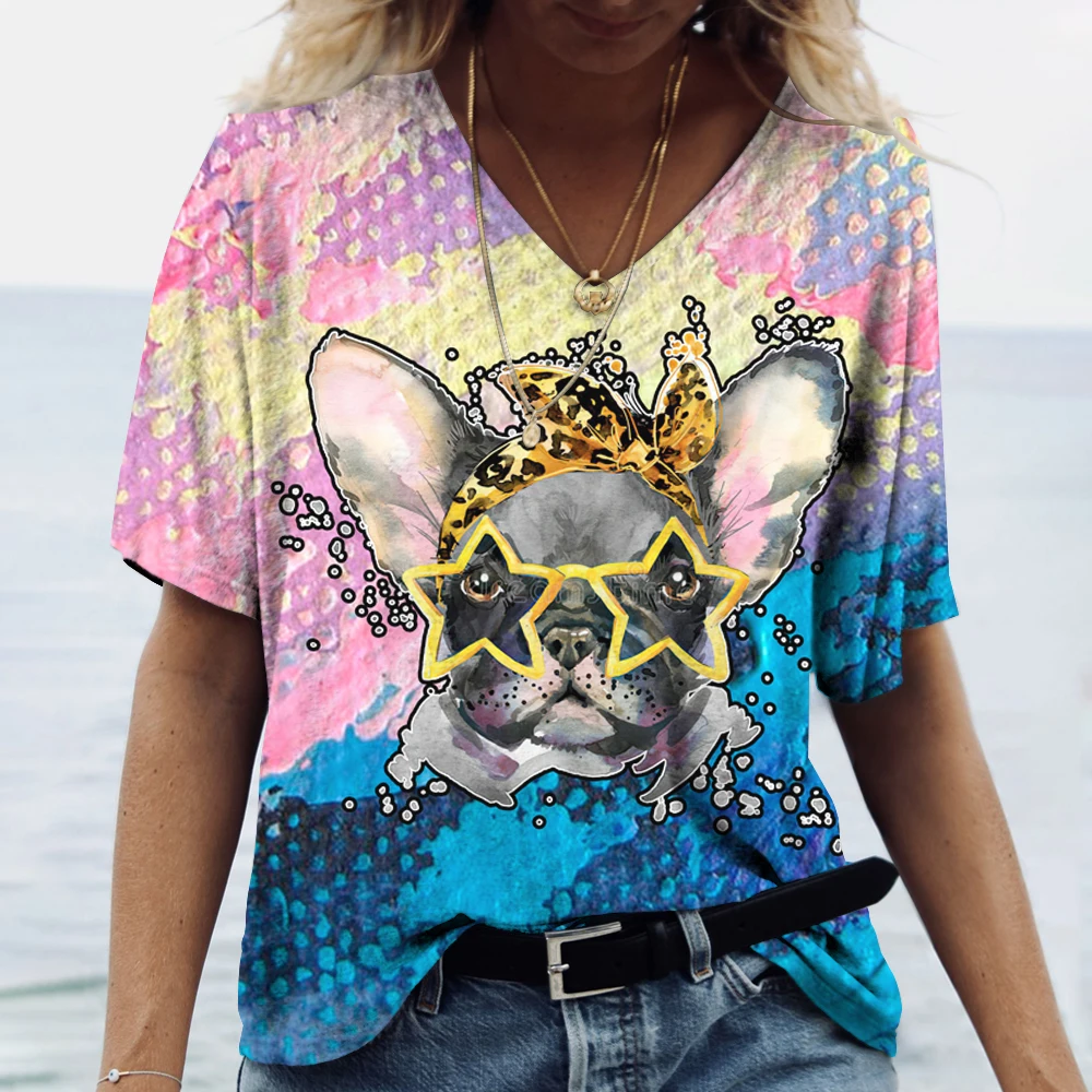

Summer Women Graffiti Puppy T-Shirt V-Neck Fashion Tops Female Harajuku Tees Casual Clothing Ladies Cute Pet Printed Streetwear