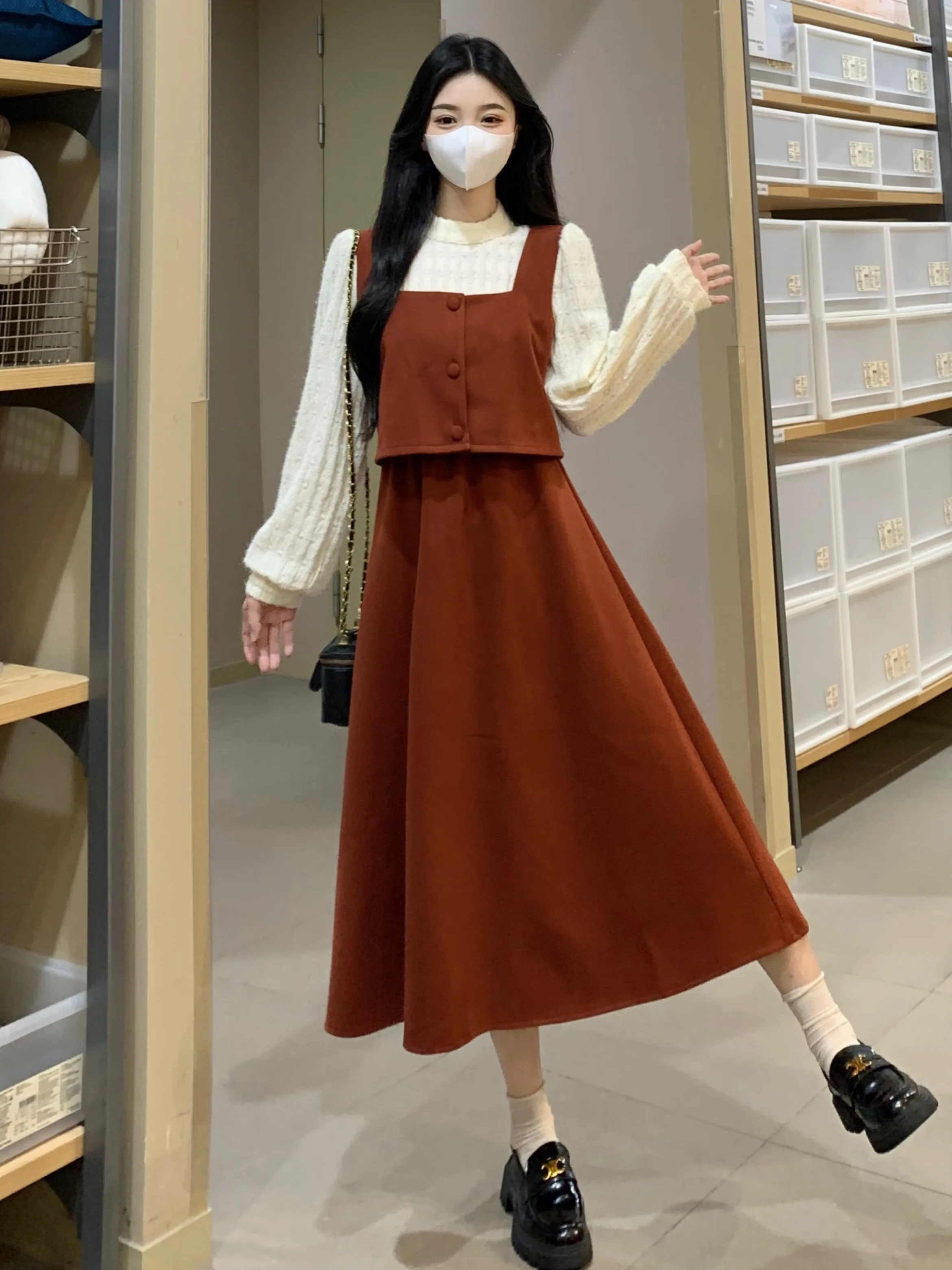 Plus size French sle Lace Stitching Long sleeve dress Women Autumn and Winter Chubby Girl Preppy Sweet Waist Hugging Slimmi...