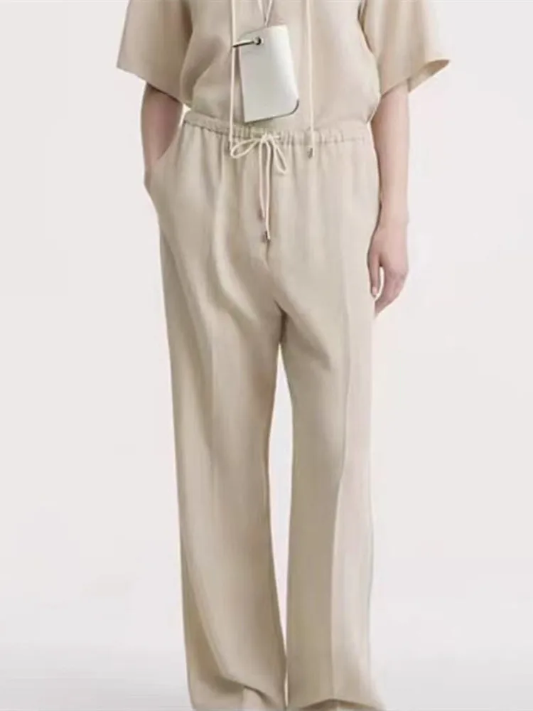 2023 Summer Women Solid Color Straight Trousers Ladies Loose Elastic High Waist Simple Drawstring Wide Leg Pants