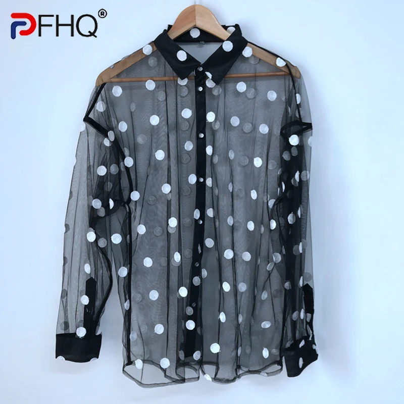 

PFHQ Stylish Mesh See-through Transparent Polka Dots Embroidery Niche Design Men's Long Sleeve Shirts Trendy Elegant 2023 Tops