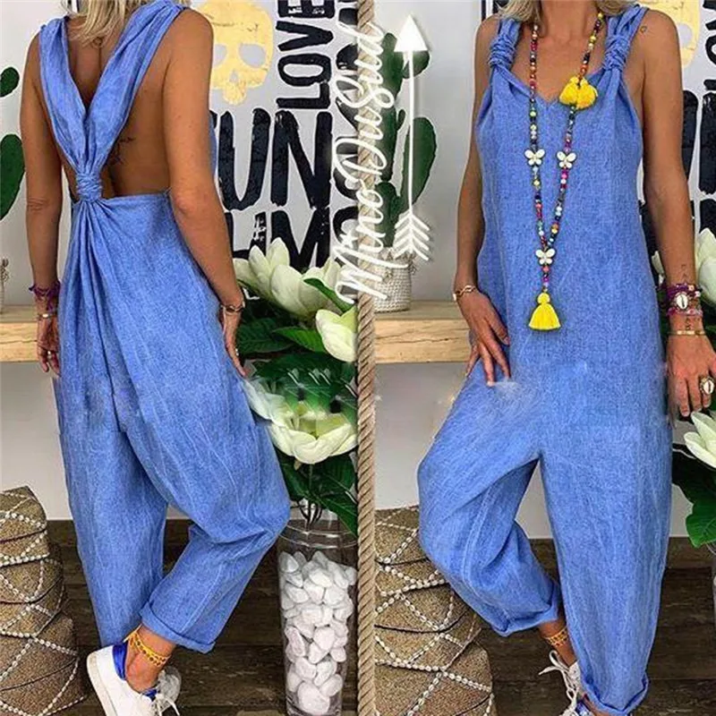 Fashion Women Girls Loose Solid Jumpsuit Strap Cotton Linen Ladies Overall Pants Casual Playsuits Plus Size one piece outfit