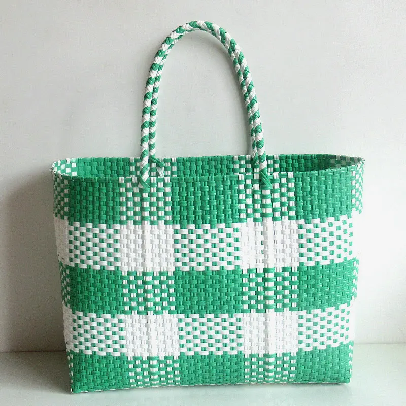 

New Plastic Strip Woven Bag Generous Plaid Tote Basket Vegetable Basket Bag Beach Bag Large Square Bag