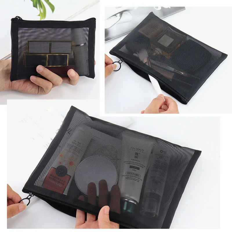 1PCS Women Necessary Cosmetic Bag Transparent Mesh Zipper Organizer Fashion Small Large Black Toiletry Bags Makeup Pouch Case