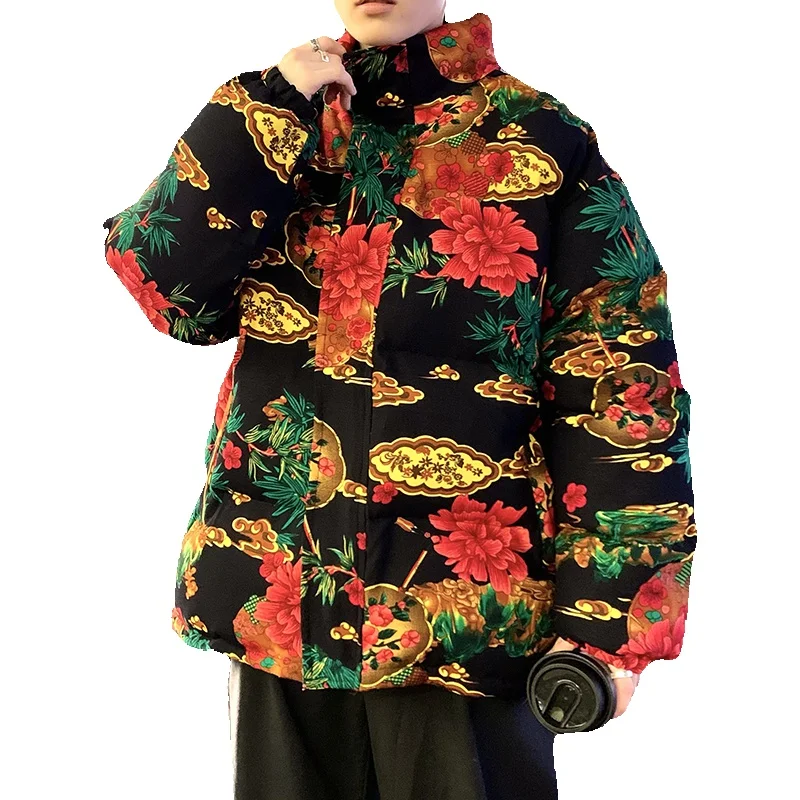 Winter Jacket Men Warm Fashion Casual Thickening Flower Coat Men Streetwear Loose Printing Short Coat Mens Parker Clothes M-5XL