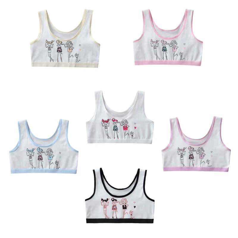 

Спортивное нижнее белье для девочек, хлопковый тренировочный бюстгальтер без косточек и вкладышей контрастных цветов с аниме мультяшным п...