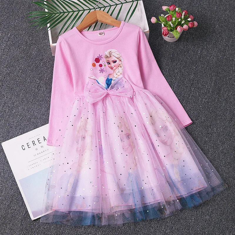 

Платье для девочек «Холодное сердце», платья принцессы Эльзы, осень 2022, Детские милые сетчатые платья с бантом, детская розовая одежда для д...