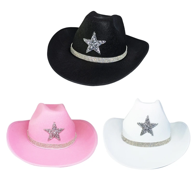 

E9LC Shinning Rhinestone Star Fedora Hats for Women Men Thick Cowboy Casual Hats