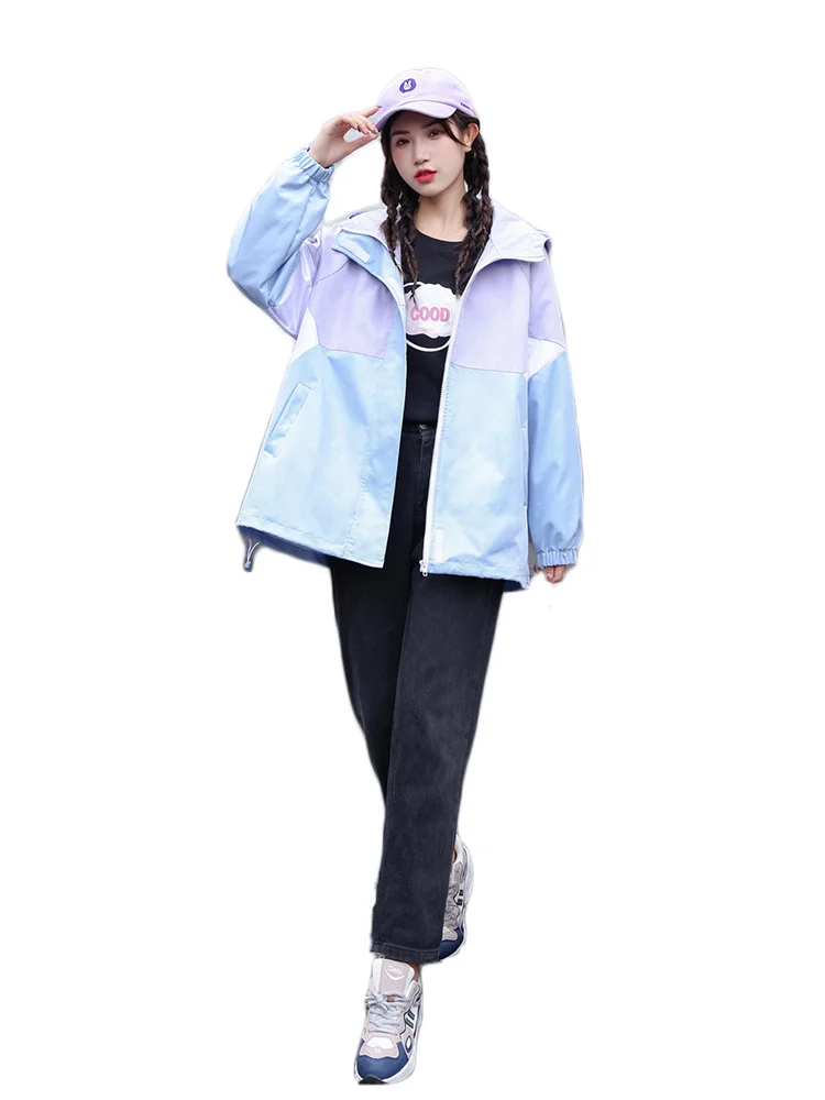 

Sweet Girls Stitching Jacket 2022 Spring New Fashion Oversized Students Purple Blue Chic Cute Long Sleeve Hooded Coats Feminina