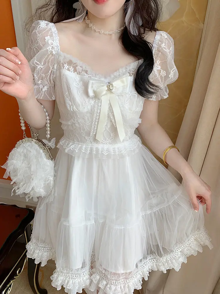 

Summer White Dress Women Sweet Lace Puff Short Sleeve Slim Mini Party Dresses Lady Casual Clothing Chic Elegant Fairy Vestidos