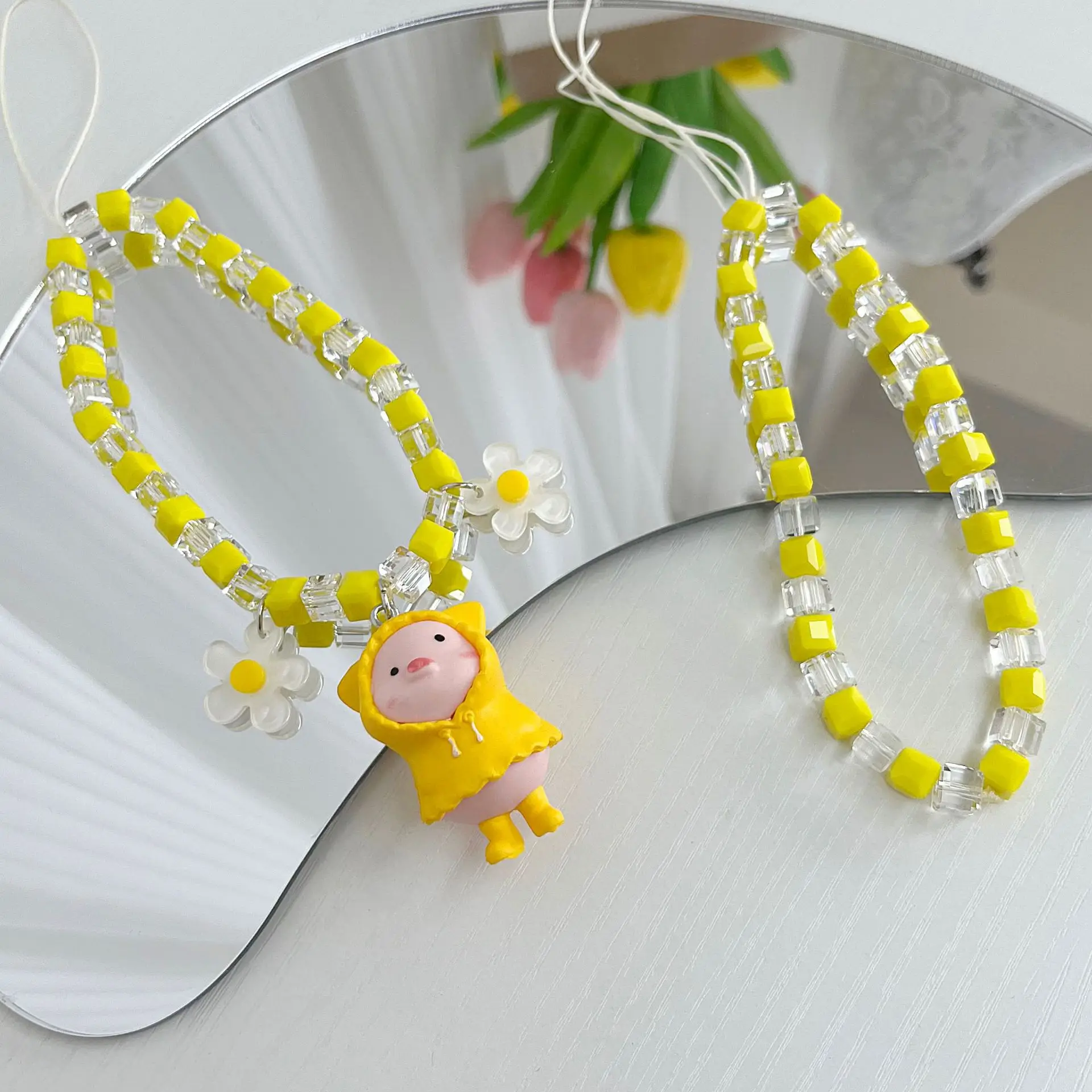 

Trendy Cartoon Animal Series Pig Beaded Bracelet Lanyard Yellow Personality Pendant Ornaments Mobile Phone Chain Female Jewelry