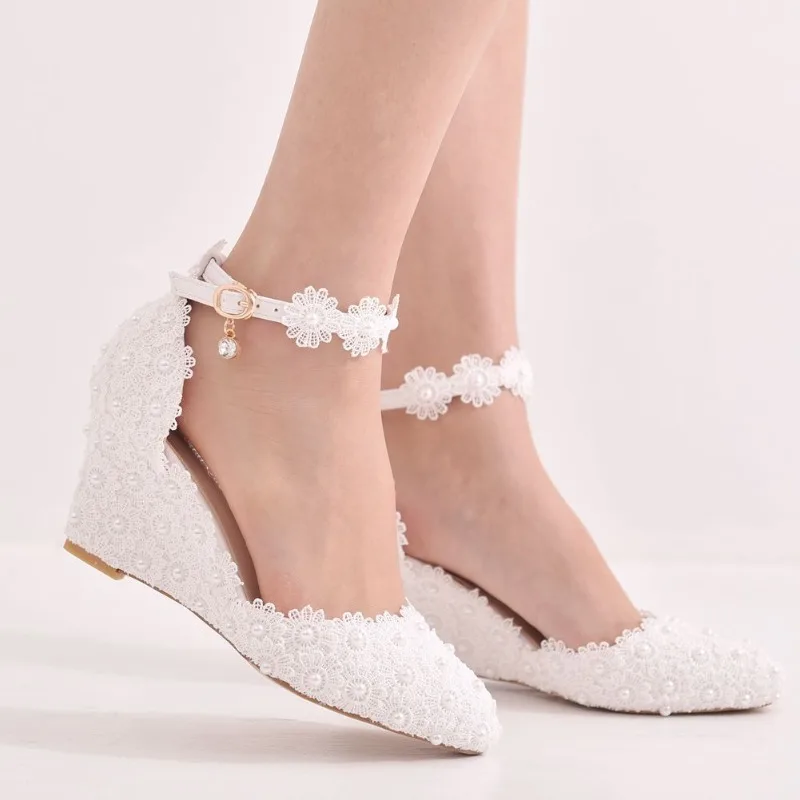 

Elegant Woman Heeled Shoes Party Round Toe String Bead Buckle Strap PU 7.5CM Wedges High Heels Lace Outdoor Women Shoes White
