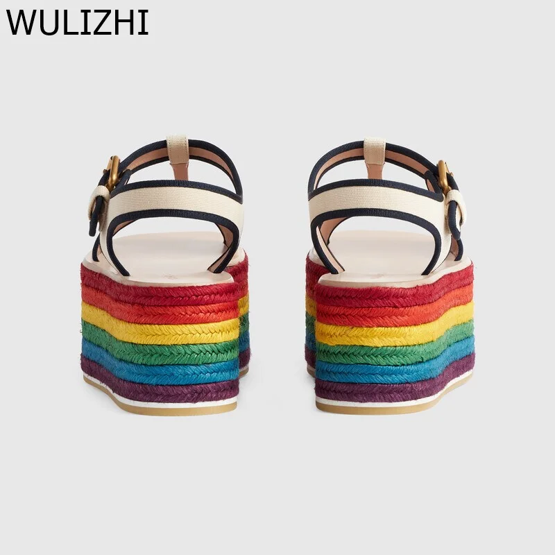 Women Rainbow Boost Platform Espadarille Sandals Open Buckle Nylon Strap Flats Casual Mixed Colors Graffiti Fashion Sewing Shoes