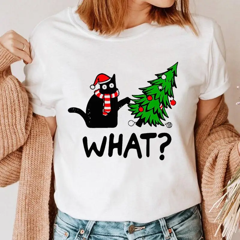 

Одежда с котом, забавная футболка, женский зимний топ на Рождество и новый год, женская футболка с мультяшным принтом, Женская Праздничная графическая футболка