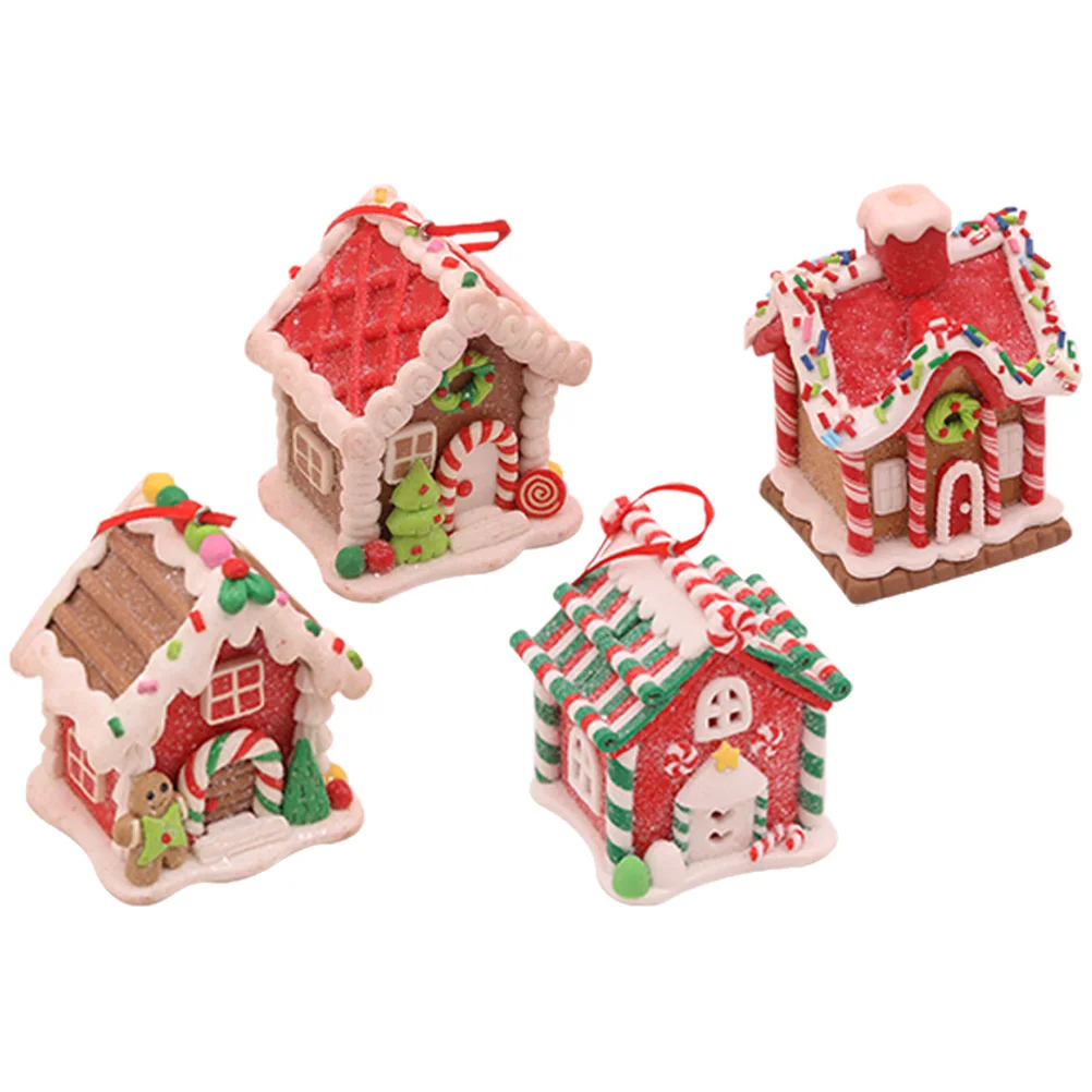 

4 Pcs Xmas Pendant Hanging Decors Props Christmas Ornaments Set Gingerbread House Tree DIY Polymer Clay