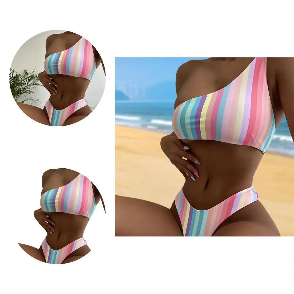 

Elastic Quick Drying One Shoulder Bra Tummy Control Briefs Bikini for Water Activity