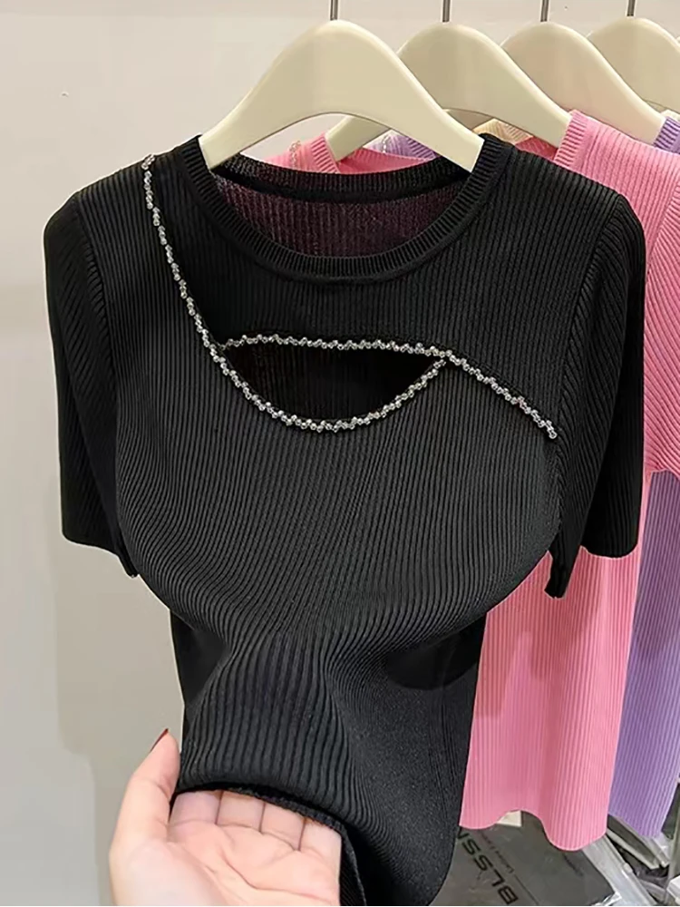 

Summer 2023 T Shirt Women Basic Knitted Tops Hollow Out O Neck Korean Style All-match T-shirts Casual Tee Shirts Femme Clothes
