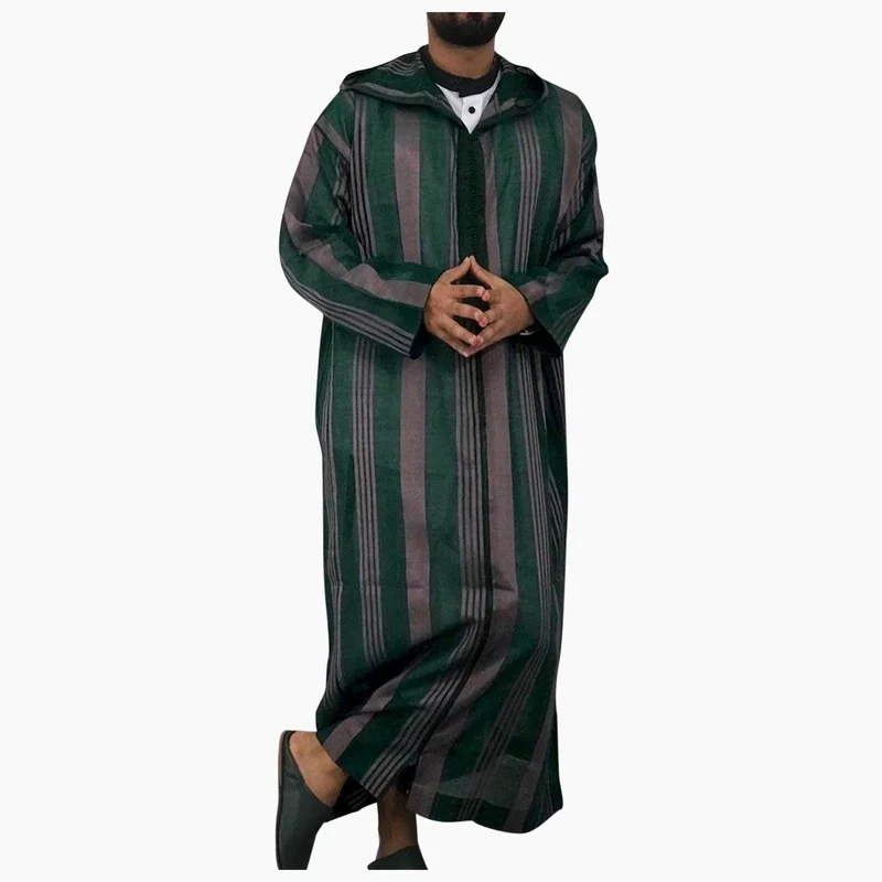 Muslim Men Jubba Thobe Long Sleeve Striped Hooded Breathable Robes 2021 Men Thobe Robe Loose Dubai Saudi Arab Kaftan Men Clothes