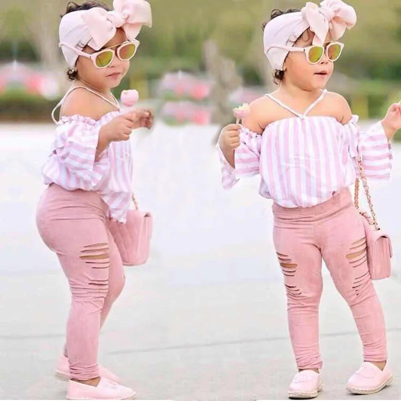 

1-7Y Fashion Children Kids Girl 3Pcs Summer Outfit Off Shoulder Stripe Tops+Ripped Pants+Headbands Set Outfit Kid Girls Clothes